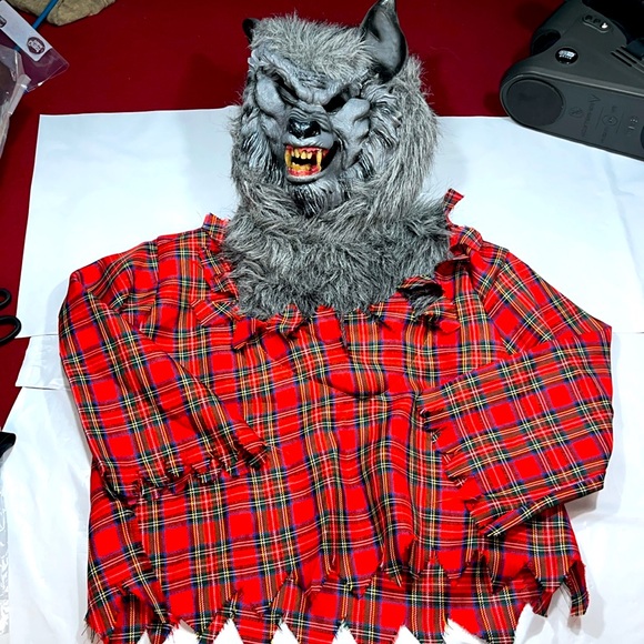 WOLF MAN MASK COSTUME boys size 8-10 plaid shirt Little red riding hood Grandma - Picture 2 of 13